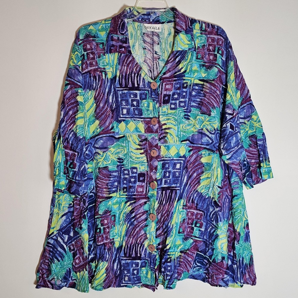 Vintage‎ Mikaela Shirt Womens 2X Multicolor Abstract Button Up Boho 90s Tunic